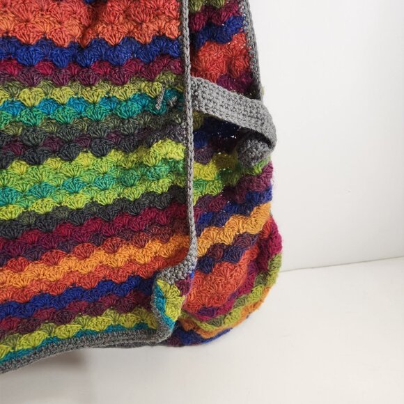 Hand Knit Rainbow Striped Hooded Poncho Unisex Hippie Colorful Yarn - Picture 4 of 14